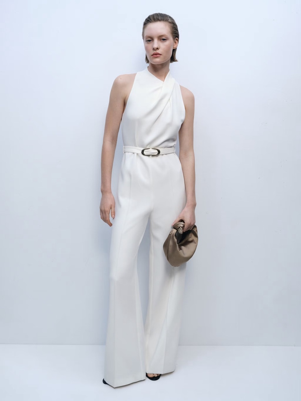 Mango White Sleeveless Halter Jumpsuit with Belti